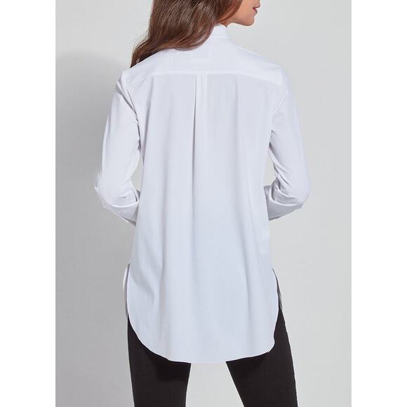 LYSSÉ Schiffer Button Down Shirt Size L White Stretch Top Staple Timeless Career - Picture 5 of 14